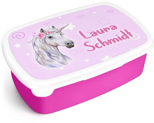 GRAVURZEILE Bedruckte Lunchbox - Einhorn - Personalisiert mit Namen - Brotdose für Kinder - Individuell bedruckt mit Wunschmotiv - Platzsparend stapelbar - Perfekt für Schule & Kita - Farbe: Pink