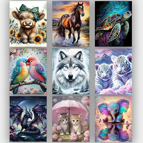Mupmod 9 Pack Animals Diamond Art Kits for Adults，5D DIY Cow Elephant Dragon Diamond Painting Kits for Beginners Round Full Drill Painting with Diamonds Gem Art for Home Wall Decor 12X16Inch