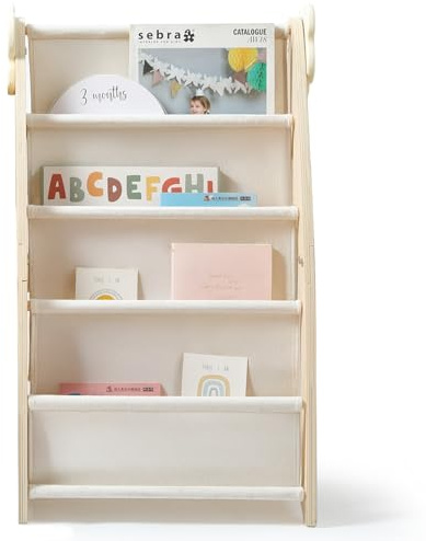 WOODEN TEETHER Kinderregal，5 Regale Kinder Bücherregal aus Holz und Oxford-Stoff - Montessori Kinderregal für Kinderzimmer (Weiß-Stil B)