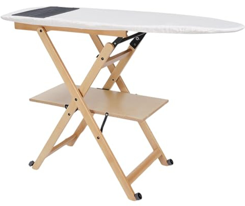 Planche à repasser en bois de hêtre refermable avec roulettes et étagère à linge - modèle Revi Made in Italy (Naturel)