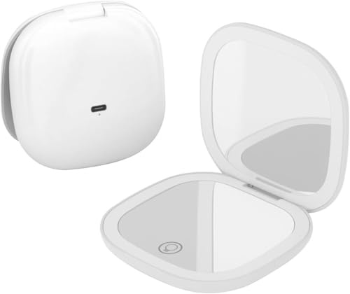 QUMOX Espejo de Maquillaje con Luz 10X – Espejo de Viaje Compacto Recargable con LED, 3 Tonos de Luz, Brillo Regulable por Tacto, USB-C – Blanco