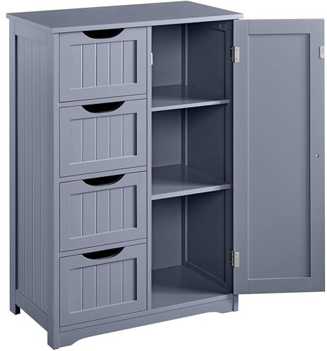 Yaheetech Mueble Baño con 4 Cajones Armario Baño de Suelo Mueble Auxiliar de Cocina Mueble Recibidor para Salon, Estante Ajustable 56x30x82cm Gris Claro