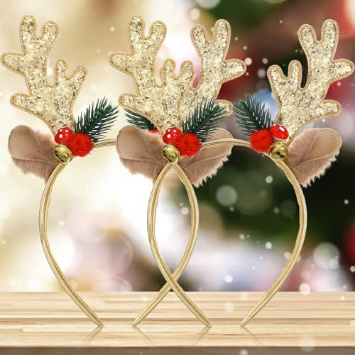 2 Stück Haarreif Weihnachten Weihnachts Rentier Geweih Haarreif Glitzer Weihnachten Haarreifs Weihnacht Rentier Stirnbänder Weihnachtsschmuck Weihnachts Party Haarschmuck für Damen Kinder-gold