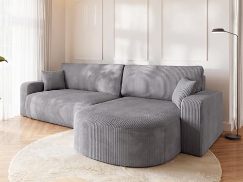BROMARKT Ecksofa mit Schlaffunktion Kissen und Bettkasten L-Form Hellgrau | Wohnlandschaft für Wohnzimmer freistehendes großes Sofa Eckcouch mit Kissen Cordstoff Sofabett Sofabed BISK