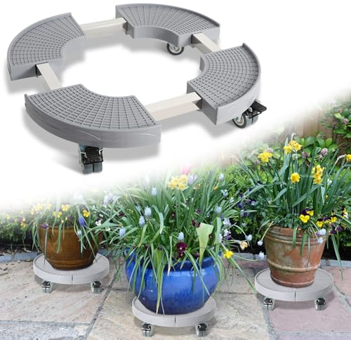 Fogmiea Rullo per piante rotondo, sottopentola con rotella di bloccaggio girevole a 360°, regolabile Ø 38 cm fino a 54 cm, portata 200 kg, resistente alle intemperie, per interni ed esterni, colore