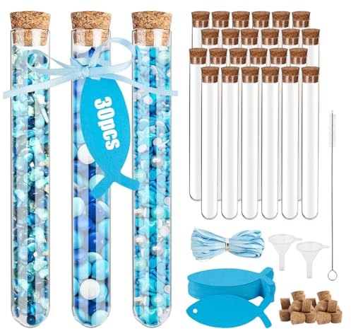 LEIMEND 30 Stück Reagenzgläser mit Korken Glas 15x150mm Reagenzgläser | für mit Blauer Karte und Langem Band Geliefert und Trichter für Gastgeschenk Hochzeits Deko Badesalz Gefüllt Reagenzgläser