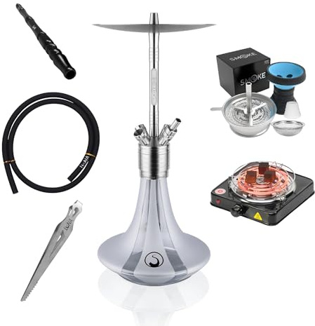 Steamulation Cachimba Ultimate Silver Metallic Gen.I | Shisha de Acero Inoxidable con Manguera de Silicona, Boquilla, Pinza, Cazoleta de Piedra HMD + Hornillo Eléctrico 1000W