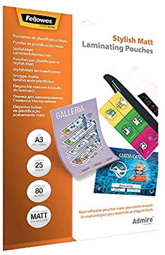 Fellowes matte Laminierfolien A3 Admire Stylish Matt, entspiegelt, 80 Mikron (2 x 80mic), 25 Stück