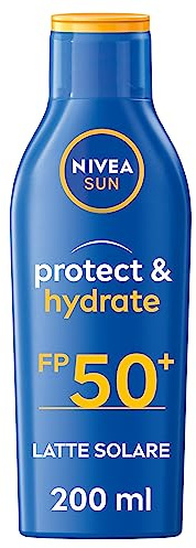 NIVEA SUN Lait Solaire Protect & Hydrate SPF 50+ 3 x 200 ml, Crème solaire corps avec formule durable, avec protection immédiate contre les rayons UVA et UVB