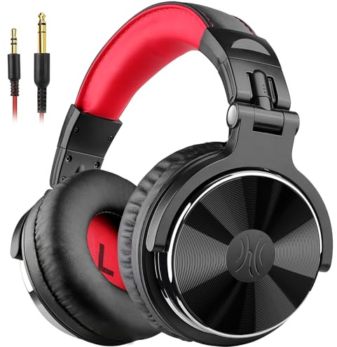 OneOdio Over Ear Headphone, Wired Bass Headsets with 50mm Driver, Foldable Lightweight Headphones with Shareport and Mic for Recording Monitoring Podcast Guitar PC TV - (Red)
