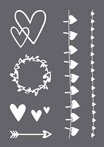 Rayher 45128000 Set of Mask Stencil and Craft Squeegee for Crafts and Painting, Reusable Silk Screen Template with Different Heart Designs for Wedding and Birth Announcement Cards, 21x29.7cm