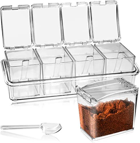 KBNIAN 4 Stück Küche Gewürzbox Acryl Würze Box Transparent Gewürzbehälter Spice Dosen mit Löffeln und Abdeckungen für Salz, Pfeffer, Zucker, Gewürze, Zucker