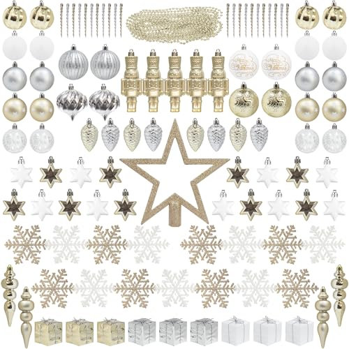 ITART 115pcs Christmas Tree Ornaments Assortment Including Star Tree Topper Baubles Snowflakes Pine Cone Nutcracker Figurines Icicles Beads Garlands (Champagne White and Silver)