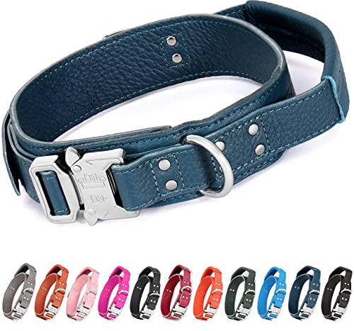 Compuda Taktisches Hundehalsband aus Leder, verstellbare Schnalle, strapazierfähig, gepolstert, mit Griff, für mittelgroße und große Hunde, Größe M