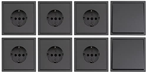 McPower | Schalter und Steckdosen Set Shallow | anthrazit | 16-teilig | Steckanschluss | 1 Jahr Garantie | Wechselschalter + Rahmen