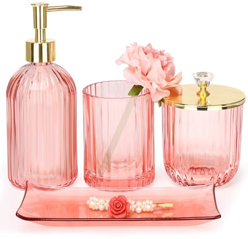 Set di accessori per il bagno, 4 pezzi, set completo di accessori da bagno in vetro con dispenser per sapone per lozione, portaspazzolino, barattolo da farmacia, vassoio da toeletta, decorazione