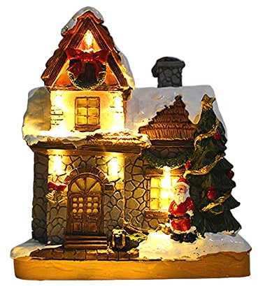 Uposao Pueblo Navideño LED con Iluminación, Casa Miniatura de Navidad, Decoración con Nieve, Escena de Mesa, Resina