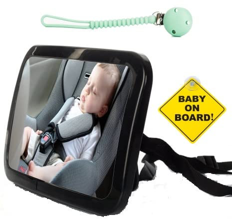 PACK Espejo Coche Bebé Asiento Trasero con Chupetero - Retrovisor a Prueba de Roturas - Rotación Ajustable 360º y Pegatinas Baby on Board