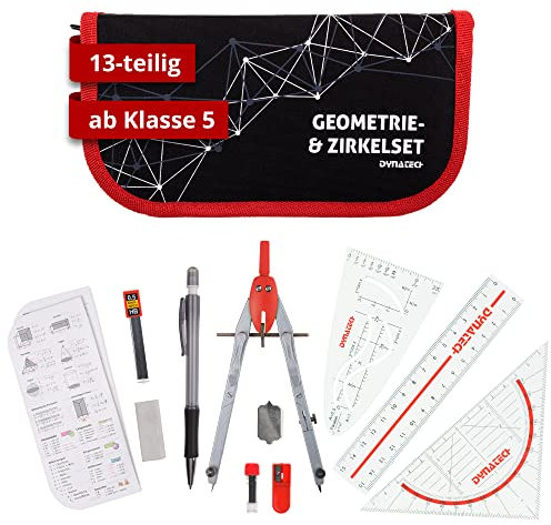 DynaTech Zirkel Set Geometrieset 13-Teilig mit Schnellverstellzirkel, Geodreieck, Parabel, Bleistift, Lineal, Spitzer und Ersatzminen im Etui rot - praktisches Mathematik-Set inkl. Federmappe