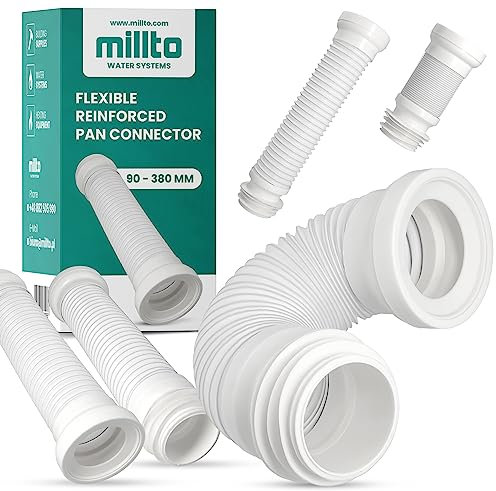 Millto Conexión de inodoro flexible reforzada de 90 – 380 mm, salida de tubo extensible, conector universal para lavabo, pieza de conexión, conexiones sanitarias, tubos de desagüe