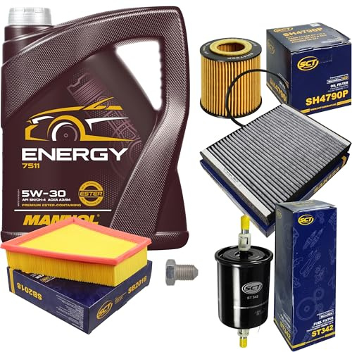 Inspektionspaket Wartungspaket Filterset mit 5 L Motoröl Energy 5W-30, Ölfilter, Luftfilter, Kraftstofffilter, Innenraumfilter (Aktivkohle), Verschlussschraube