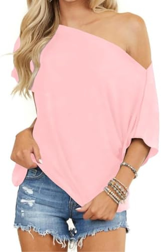 Eniloyal Off The Shoulder Tops for Women Short Sleeve Trendy T Shirts Loose Batwing Summer Going Out Oversized Blouse Tunic Pink