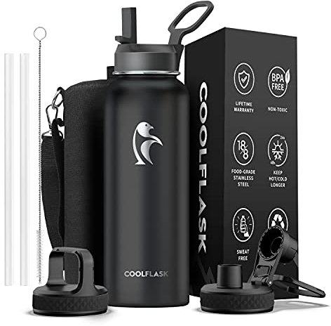 Coolflask Borraccia termica da 1180 ml, con cannuccia e 3 coperchi, in metallo, per sport o ufficio, a prova di perdite, a prova di perdite, facile da pulire, colore nero