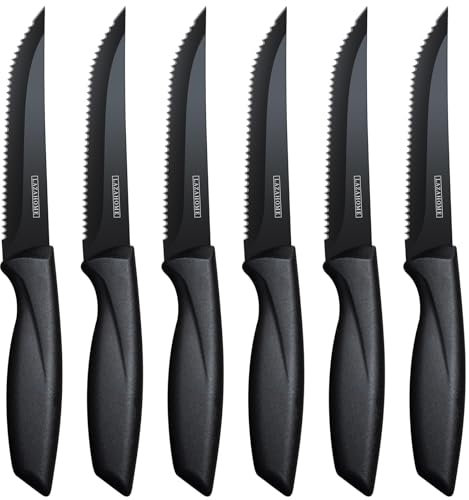 LAZAHOME Steak Knives Set of 6, Serrated Edge Stainless Steel Kitchen Knife with Ergonomic Handle, Dishwasher Safe, Rust-Proof