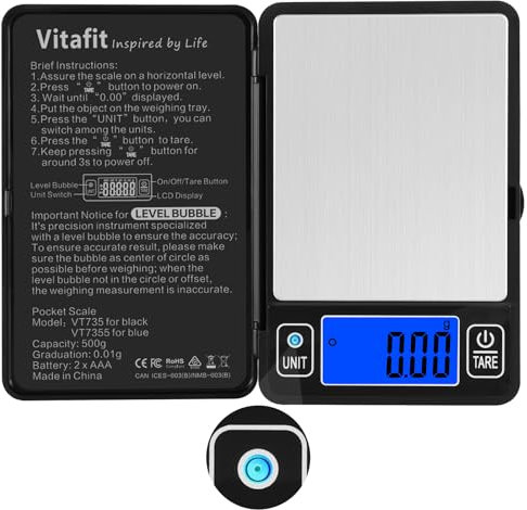 Vitafit 500g Digitale Taschenwaage mit 0,01g, Hohe Genauigkeit durch Eingebaute Libelle, Feinwaage Grammwaage für Mehrere Funktionen: Küche, Lebensmittel, Schmuck, Labor, Kaffee, Schwarz