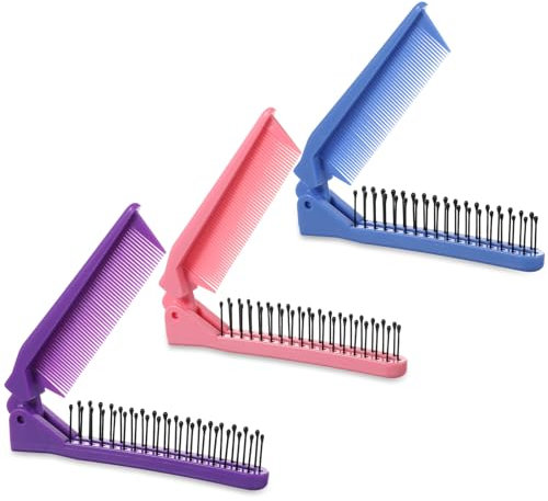 Folding Hair Brush, 3 Pcs Portable Travel Comb Set Multicolor Foldable Hair Brush Double Headed Compact Folding Brush Massage Head Brush and Fine Tooth Hair Comb for Women (Pink, Blue, Purple)