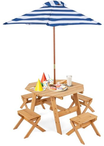 GOPLUS Kindersitzgruppe Outdoor, Picknicktisch Gartenmöbel Set für Kinder ab 3, Kindersitzgarnitur mit Sonnenschirm abnehmbar & 4 Hockern, Kindertisch aus Tannenholz bis 100kg belastbar (Natur)