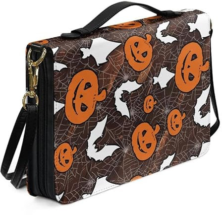 Kuiaobaty Kürbis Fledermaus Muster Bibelhülle Groß Leder Buchtasche mit Reißverschluss, Halloween Kürbisse Kunstleder Buchhülle Kirchengriff Buchtasche für Frauen