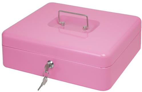 Caisse à monnaie en acier avec serrure à clé, petit organisateur d'argent en métal avec plateau d'argent, boîte de rangement pour espèces avec couvercle verrouillable (rose, 30 x 24 x 9 cm)