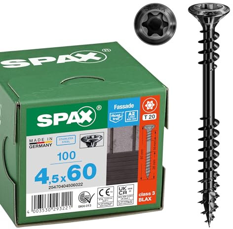 SPAX Facade Screw, 4.5 x 60 mm, Pack of 100, Stainless Steel A2 Blax, Fixing Thread, T-Star Plus T20, Raised Countersunk Head, 4CUT - 25470404506022
