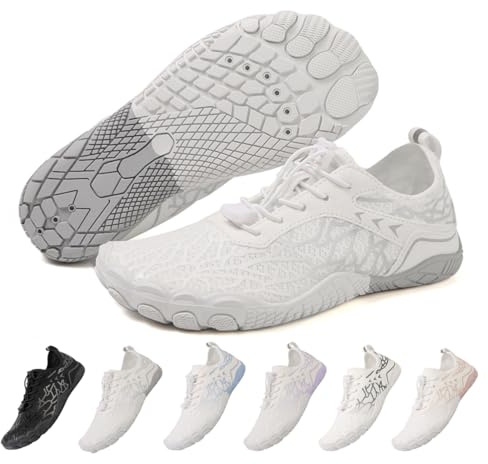 ZEPYFXIT Chaussures Aquatiques Homme Femme Été Chaussures de Bain Léger Respirant Chaussures d'eau Séchage Rapide Chaussures de Plage Chaussures Pieds Nus(Blanc Gris,41 EU)