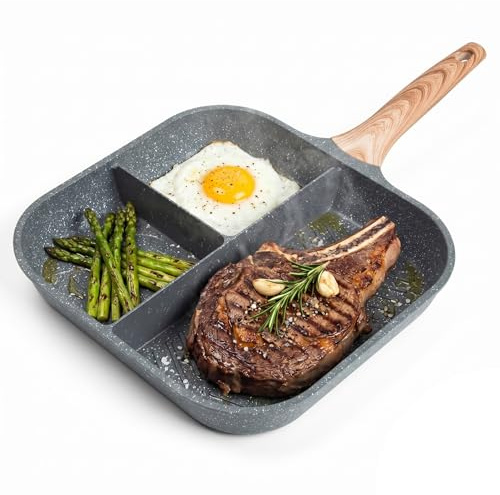 Crystals Non-Stick Divided Frying Pan 3-in-1 Section Pan with Wooden Handle, 28cm Small Induction Egg Frying Pan, Non-Stick Coating for Even Cooking – Best for All Hobs, Gas & Electric (3-Section Pan)
