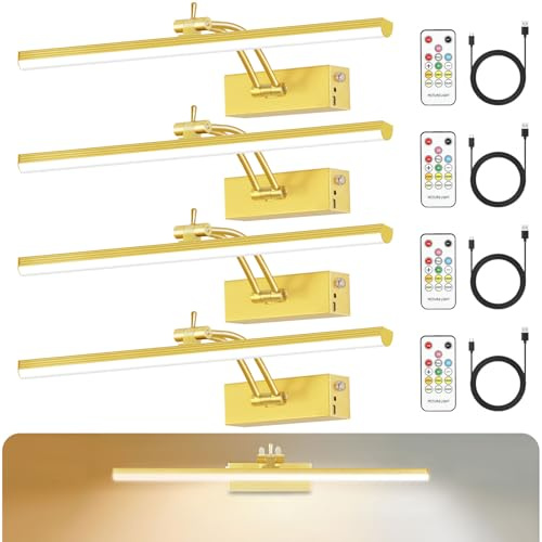 YAYIT 6 Colors Picture Lights for Wall, 16in Battery Operated Picture Light Rechargeable with Remote Timer, Dimmable Art Light for Wall Painting, Display, Gallery, 4 Pack (Gold)