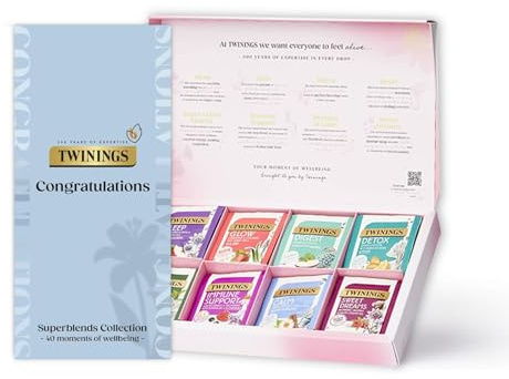 Twinings Superblends Congratulations Collection Gift Box | 40 Tea Bags | 8 Premium Green & Herbal Infusions |Gift Ideas for Women & Men | Tea Gift Box, Herbal Infusion, Green Tea, Mixed Superblends, Botanical Blends, Individually Wrapped