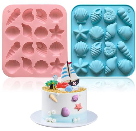 EUYKQNOI 2 sets de moules en silicone : coquillage et étoile de mer, moules à pâtisserie en silicone 3D pour fondant, moules en silicone pour fêtes de sirènes et thèmes sous-marins