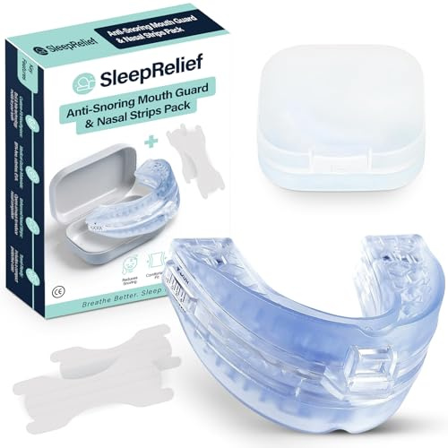 SleepRelief Anti Snoring Devices - Anti Snoring Mouthpiece + 30 Day Nasal Strips Supply - Snoring Aids for Men & Women - Anti Snoring Mouth Guard + Nose Strips for Breathing - BPA Free Snore Stopper