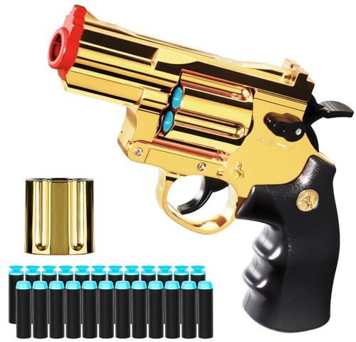 Toy Revolver Gun Plastic Soft Bullet Foam Blaster Hand Pistols Shotgun Roulette Boy Play Cowboy Prop Game Fake Sniper Rifle Kids Age 8-12 Cool Halloween Christmas Birthday Gift Gold