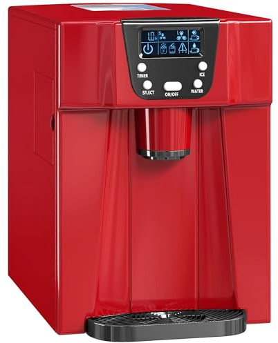 HOMCOM 3L Ice Maker Machine and Water Dispenser, 12kg in 24H, 2 Size Options 9 Ice Cubes Ready in 6-10 Mins Countertop Ice Machine for Home, Kitchen, Office, Bar, Red