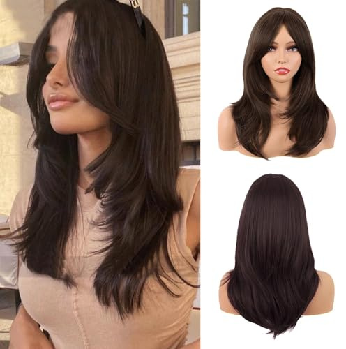 TYXHXTF 20 Pouces/50 cm Perruque Ombre Brun pour Femmes avec Frange, Longue Layered Frange Droit Synthétique fibre Shoulder Longueur Cheveux Perruques, Perruque Synthétique Résistante à la Chaleur