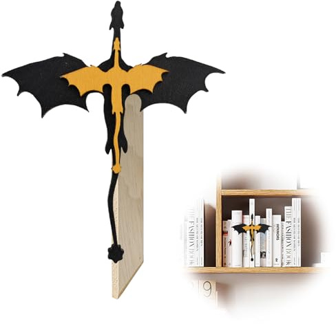 Satiskid Fantasy Drachen Bookends Retro Bücherregal Deko, Gelb-Schwarz Drachen Buchstütze aus Naturmaterial für Schule Schreibtisch Home Office, Fourth Wing Merch Bücherregal Deko mit Drachen Design