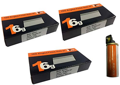 32mm + 38mm + 63mm 16g Angled Nails, 3 x 500 Pack + 1 x Fuel Cell for Paslode