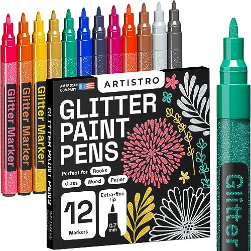 ARTISTRO Glitter Paint Pens for Rock Painting, Stone, Ceramic, Glass, Wood, Fabric, Scrapbooking, DIY Craft Making, Art Supplies, Card Making, Coloring, 12 Acrylic Glitter Markers Extra-Fine Tip 0.7mm