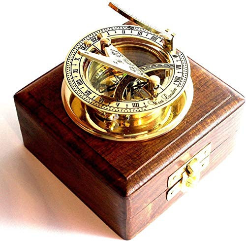 Ganga Nautical Brass Sundial Brújula - Reloj solar de bolsillo de latón macizo West London con caja de madera