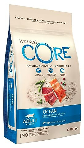 Wellness CORE Ocean 4 kg, Salmone/Tonno – Crocchette per Gatti Adulti, Senza cereali, Naturale, Ipoallergenico, Ricco di Proteine, Alto Contenuto di Pesce, Pelle Sana & Pelo Lucido