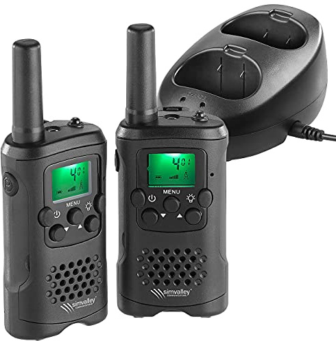 simvalley Communications Funkgeräte mit Batterie: 2er-Set Akku-PMR-Funkgeräte mit VOX, bis 10km Reichweite, Ladestation (10 km Reichweite, Set 10 km, Walkie Talki)