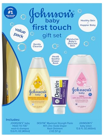 Johnson's First Touch Baby Essentials Gift Set with Body Wash & Shampoo, Body Lotion, & Zinc Oxide Diaper Rash Cream for Baby's Delicate Skin, Hypoallergenic, No Parabens or Dyes, 3 Items
